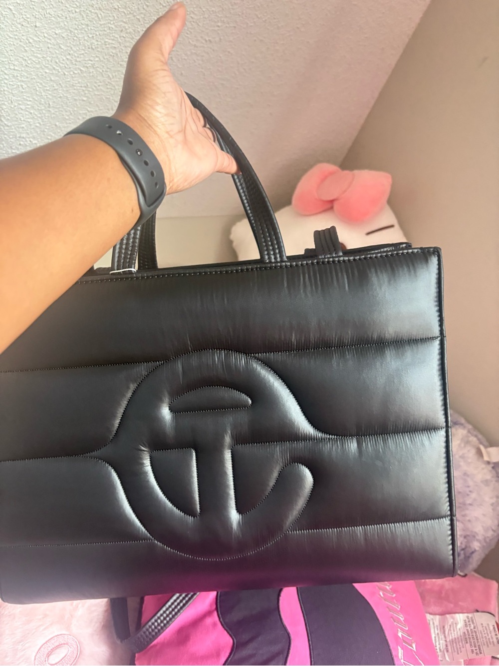 Black Quilted Leather Tote Bag with Top Handles